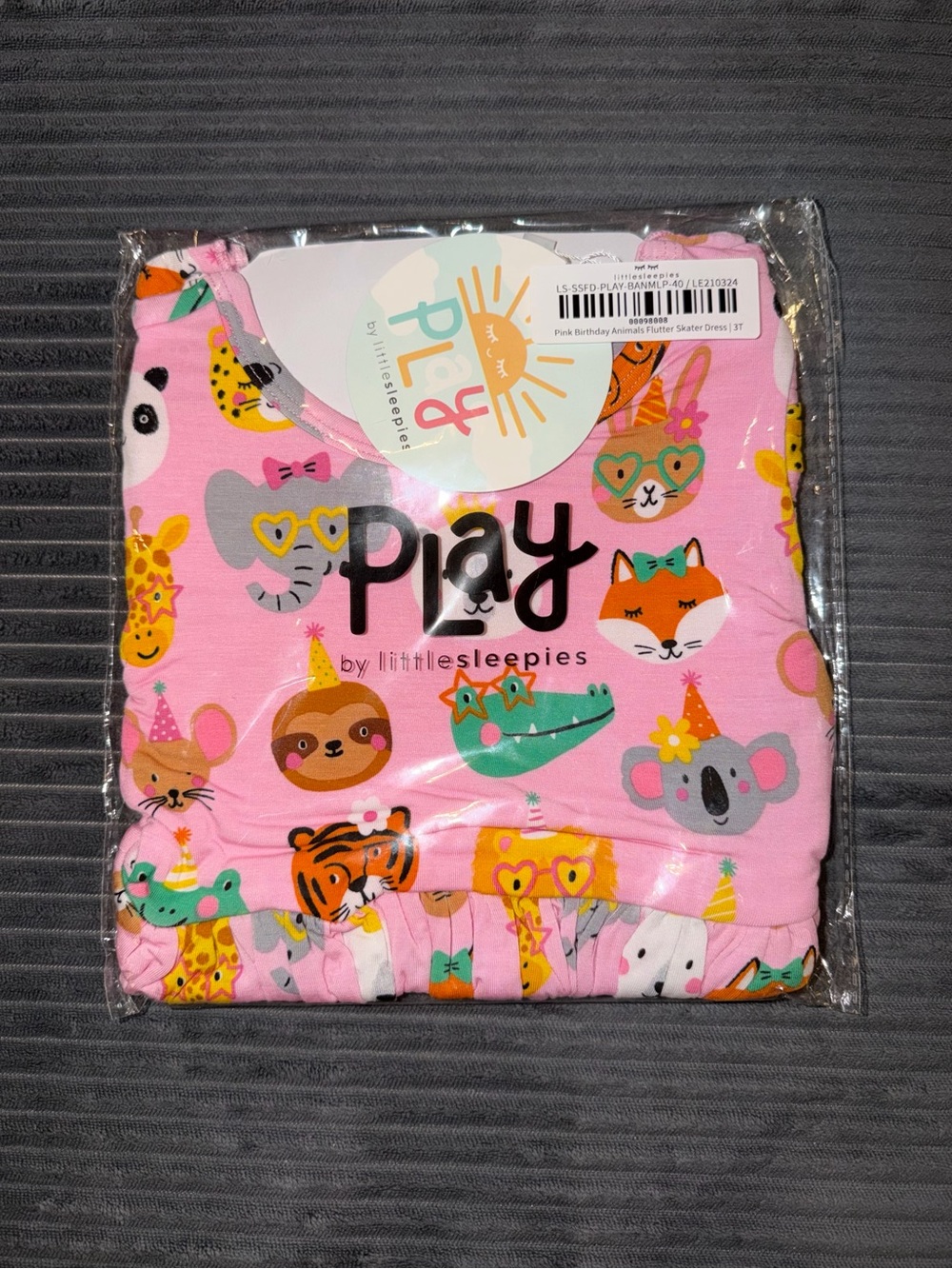 Little Sleepies 3T Pink Birthday Animals flutter sleeve dress, bamboo